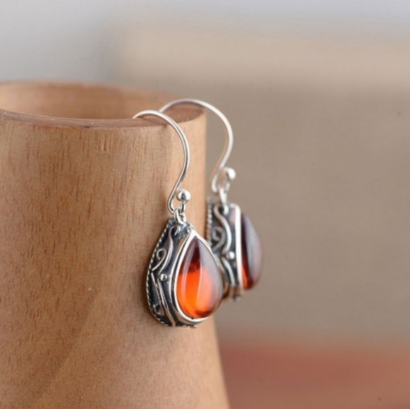 Red & Silver Filigree Teardrop Fish Hook Earrings - Picture 3 of 7